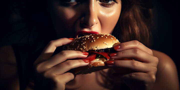 Gesicht einer Frau beisst hungrig in Burger, ai generativ