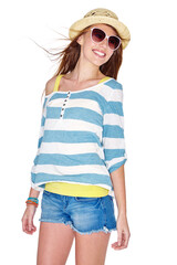 Bright summer style. Studio shot of a young woman dressed for summer isolated on white.