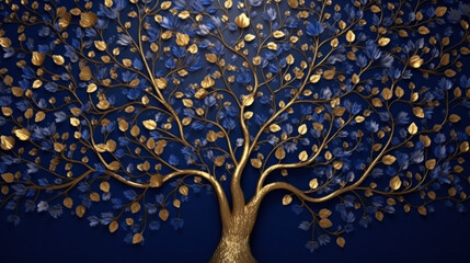 Golden Floral Tree on Royal Blue Background. Generative AI