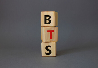 BTS symbol. Wooden cubes with word BTS. Beautiful grey background. BTS concept. Copy space.