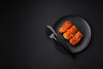 Delicious cabbage rolls with meat, rice, salt, spices and herbs