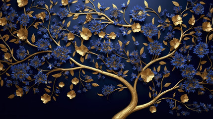 Elegant Gold and Royal Blue Floral Tree Illustration Background. Generative AI