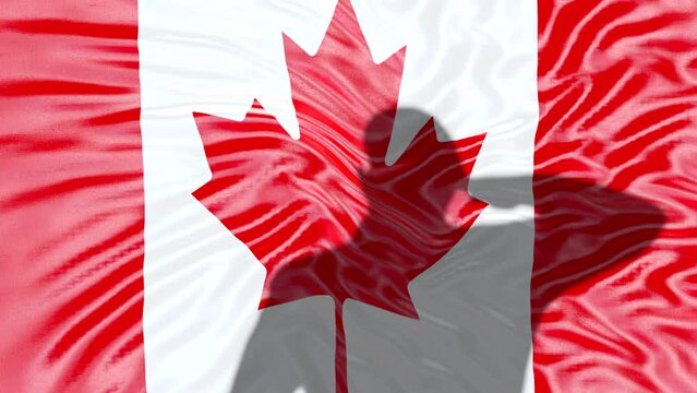 Canada Flag and shadow Soldier, video 4K. Beautiful Canadian Flag waving in wind and shadow Soldier