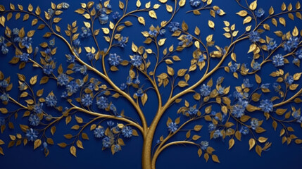 Elegant Gold and Royal Blue Floral Tree with Seamless Leaves and Flowers Hanging Branches Illustration Background. Generative AI