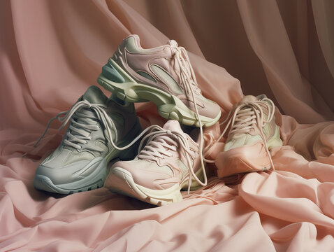 Pile of fashionable sneakers. AI generated image.