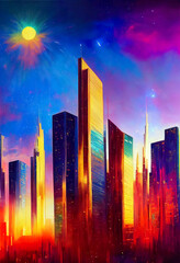 Luminescent cityscape. A twinkling skyline beneath a yellow moon. AI-generated