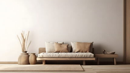 Living room interior mockup in wabi-sabi style with low sofa, jute rug and dried grass decoration on empty warm neutral wall background.