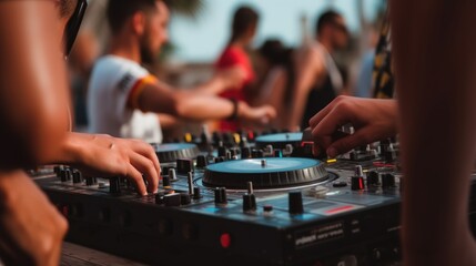 dj mixing desk at summer party, generative ai