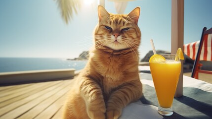 Business cat with sunglasses and drinks in beach background. Vacation travel time concept. Funny cat drinking cocktails at the bar in a beach club party with ocean view. Generated with Ai tools.