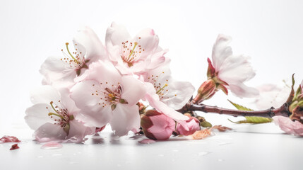 Delicate Cherry Blossoms Against a White Backdrop. Generative AI
