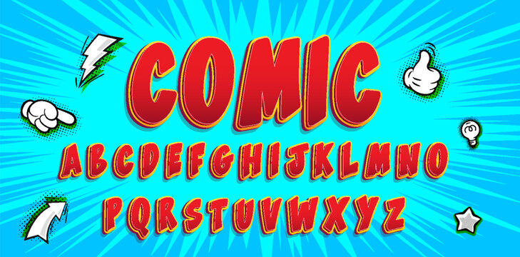Creative high detail comic font. Alphabet in the red style of comics, pop art.