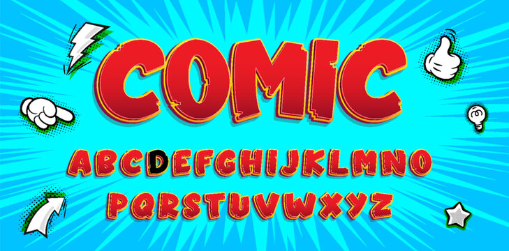 Comics super hero style font design, alphabet letters and numbers, vector illustration