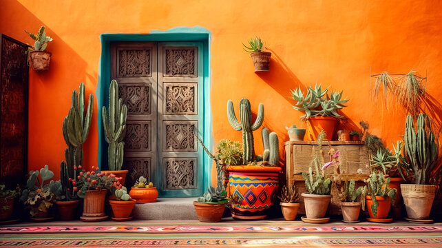 Casa Mexicana Generada Con Inteligencia Artificial En Colores Muy Llamativos Con Cactus Y Plantas, Macetas Mexicanas Y Puerta Multicolores, Estilo Campestre