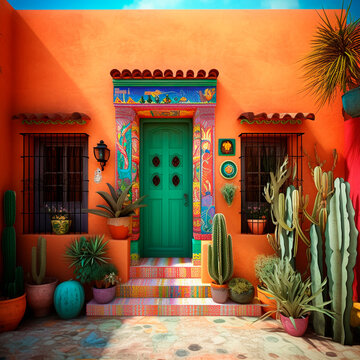 Casa Mexicana Generada Con Inteligencia Artificial En Colores Muy Llamativos Con Cactus Y Plantas, Macetas Mexicanas Y Puerta Multicolores, Estilo Campestre