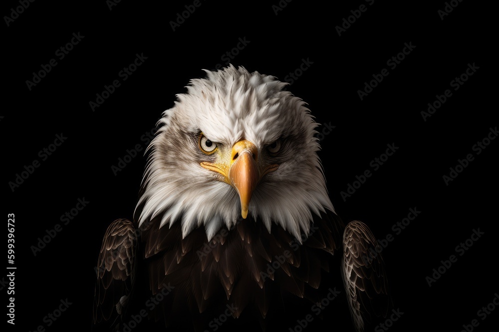 Poster majestic bald eagle against a stark black background Generative AI