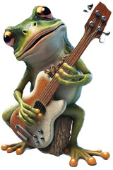 Fototapeta premium an isolated Frog, playing guitar whimsical feel, music festival orientated in Music-themed, photorealistic illustrations on a transparent background cutout in PNG. generative AI