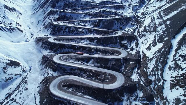 Curves Winding Road At Andes Mountains Santiago Chile. Road Highway. Winter Day Snow Mountain Peak Exotic. Winter Day Andes Mountains Mountain Peak Glacier Mountain Valley.