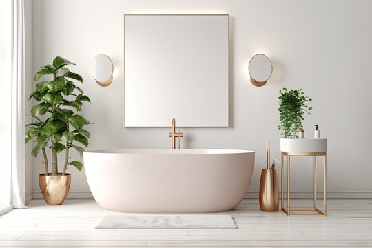 modern bathroom with a white bathtub and a large mirror Generative AI