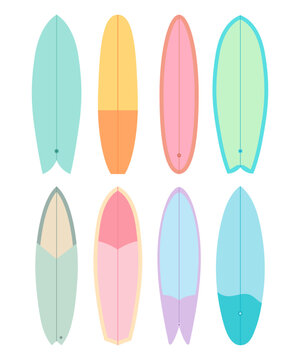 Set of illustrations of surfboards on a white background. Surfing.
