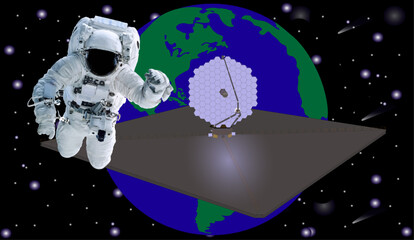 Space Astronaut in new space suit in a front of New ultraviolet LUVOIR multiobject space telescope concept luvoir. Elements of this vector illustration were furnished by NASA	