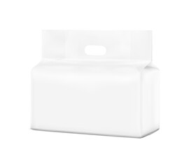 Realistic plastic stand bag with hand mockup. Vector illustration isolated on white background. Ready for your design. Suite for the presentation of diaper, pets, foods, household, wet wipes, etc.	