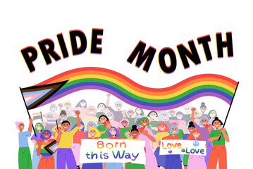 Pride parade people marching on street. Happy characters holding rainbow LGBTQ flag and placards with quote Born this way, Love is love. Pride month poster. Vector illustration