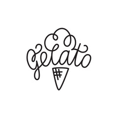 Gelato hand drawn text. Modern brush calligraphy, lettering typography. Template for cafe, menu. Mono line design for logo, badge, emblem, symbol. Vector illustration isolated on white background