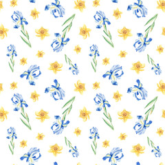 Seamless watercolor pattern with narcissus and iris on white background. Can be used for fabric prints, gift wrapping paper, kitchen textile.