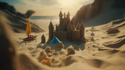 Childhood Memories: An Ultra-Realistic Sandcastle on a Summer Beach. Generative AI - obrazy, fototapety, plakaty