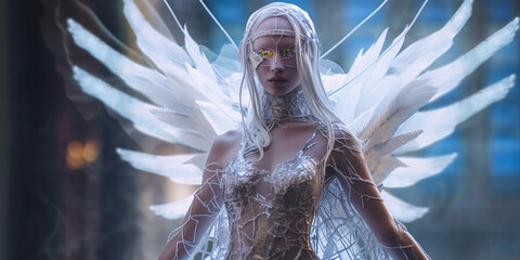 Cyberpunk Engel Frau mit weißen Flügel Nahaufnahme, ai generativ