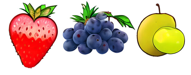 A set of  fruits and berries (grapes, apple, strawberry) with green
leaves isolated on a white background.
Generative AI.