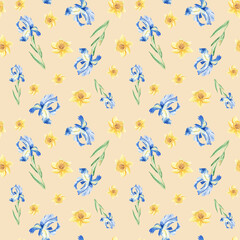 Seamless watercolor pattern with narcissus and iris on beige background. Can be used for fabric prints, gift wrapping paper, kitchen textile.