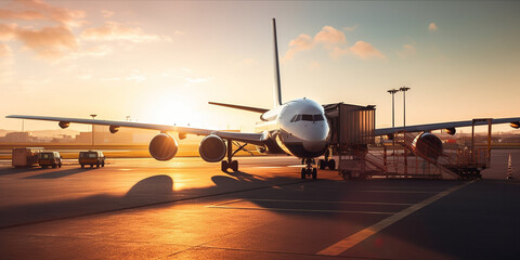 Modernes Flugzeug am Flughafen, Sonnenuntergang im Hintergrund, ai generativ - obrazy, fototapety, plakaty