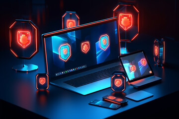 Antivirus System auf Laptop oder Handy, Cyber Security Konzept, Netzwerkschutz - ki generiert