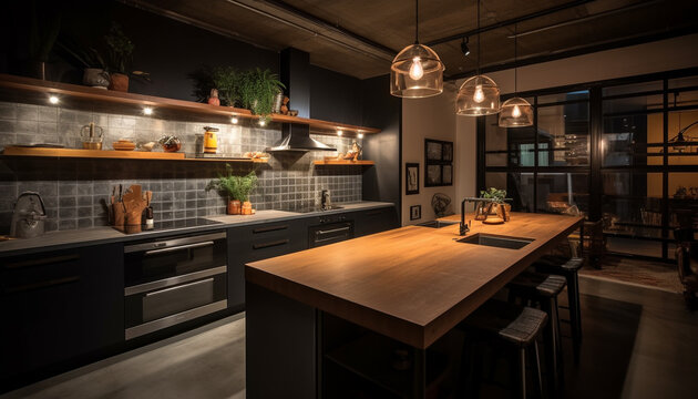 Luxury kitchen design with modern elegance illuminated generated by AI