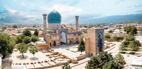 Samarkand, Uzbekistan aerial view of  Gur-e-Amir - a mausoleum of the Asian conqueror Timur (also known as Tamerlane).  Famous travel destination in Uzbekistan