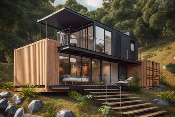 Modern Minimalist Retreat: Luxury Container House in a Serene Forest Setting - Generative Ai