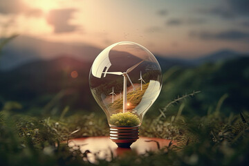 generative ai illustration of a wind turbine in a light bulb, concept for environmentally friendly power generation