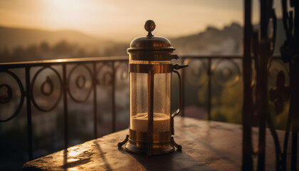 Old fashioned lantern illuminates rustic outdoor table setting generated by AI