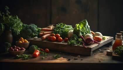 Fresh organic vegetables on rustic wooden table generated by AI