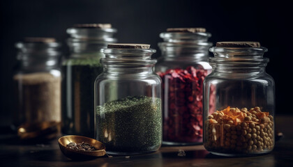 Organic spice jar on wooden table background generated by AI