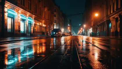 Bright city lights illuminate the wet streets generated by AI