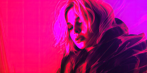 Fototapeta premium Portrait of a blond short haired woman, pop art style, on neon pink background, generative ai illustration