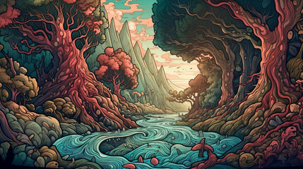 ai generated illustration of an abstract depiction of magical fantasy wonderland forest