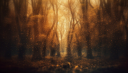 Mysterious forest in autumn, illuminated by sunlight generated by AI