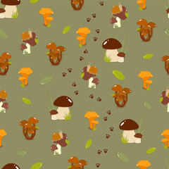 Seamless pattern of mushrooms and snails with footprints on a green background in a cartoon style for children's textiles and decor. White mushrooms, chanterelles, honey mushrooms, aspen mushrooms, cu