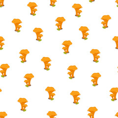 Seamless pattern of drawn chanterelles in cartoon style for children's textiles and decor. With offset contour.