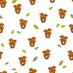 Seamless pattern of drawn honey mushrooms in cartoon style for children's textiles and decor. With offset contour.