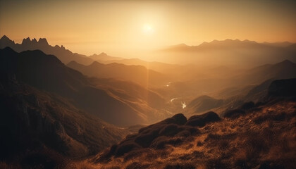 Obraz premium Majestic mountain range, back lit by sunrise generated by AI