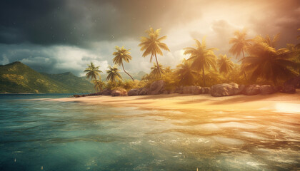 Fototapeta na wymiar Tropical sunset, palm trees, and tranquil waters generated by AI